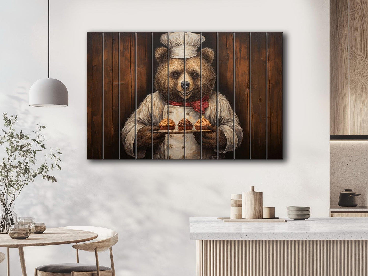 Rustic Bakery Wall Decor – Grizzly Bear Artwork Printed on Natural Wood Panels