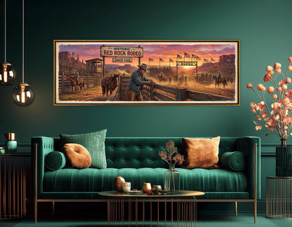 Rodeo Canvas Print, Panoramic Cowboy Arena Painting, Large Western Wall Art, Framed and Ready to Hang