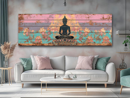 Wood Wall Art – Peaceful Buddha Silhouette with Lotus Flowers Print on Natural Wood, Buddhist Wall Decor, Buddha Painting, Buddhist Gift