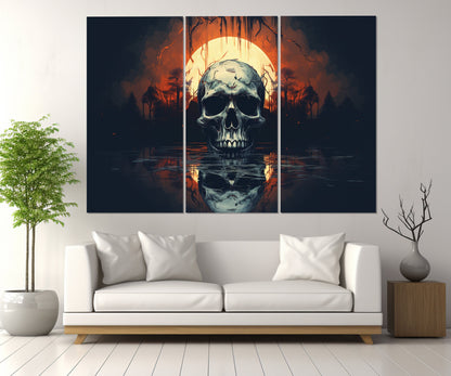 Gothic Wall Art – Skull Canvas Print with Full Moon | Vintage Gothic Painting, Ready to Hang