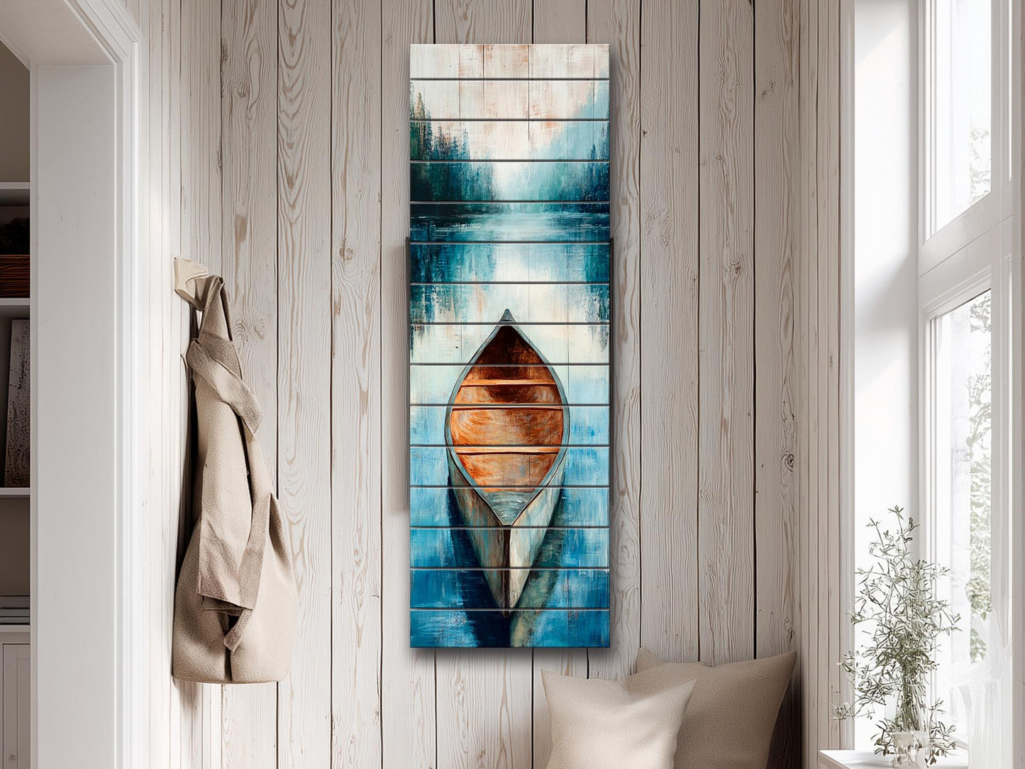 Wood Wall Art – Canoe Lake Painting on Rustic Natural Wood Plank – Nautical Scene Print