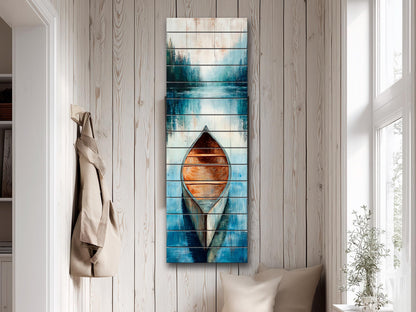Wood Wall Art – Canoe Lake Painting on Rustic Natural Wood Plank – Nautical Scene Print