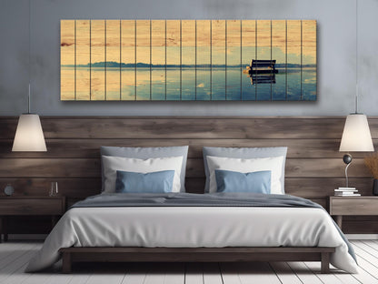 Lakeside Bench Wall Art – Panoramic Lake Landscape on Natural Wood Panel
