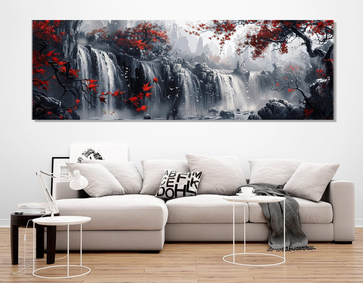 Waterfall Canvas Print – Large Scenic Wall Art With Red Trees, Framed & Ready to Hang