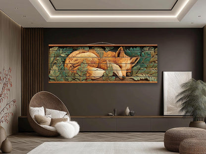 Fox Print On Wood - Rustic Woodland Wall Decor With Beige Green Planks