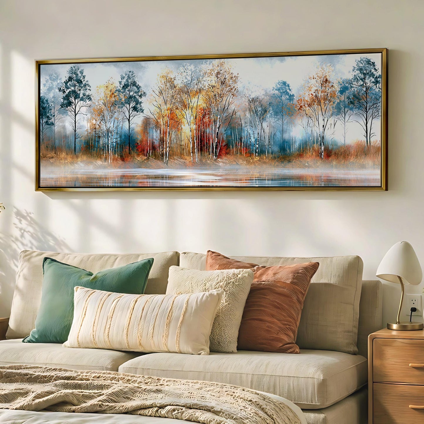 a large painting of a forest scene hanging on a wall above a beige sofa with colorful throw pillows.