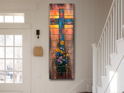 Rustic Cross with Wildflowers Painting Printed on Natural Wood – Christian Print on Wood, Religious Wall Art, Christian Wall Decor