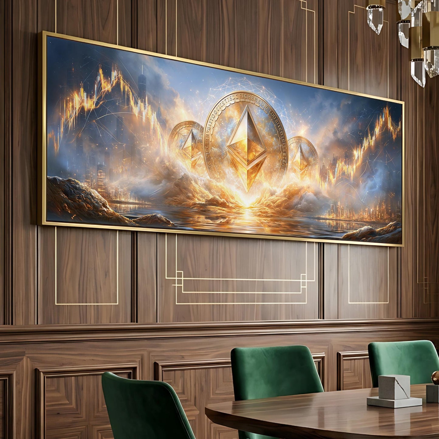 a large painting or artwork depicting a fantastical scene with a golden triangle-shaped object surrounded by a golden ring, set against a backdrop of a golden sunset and a city skyline.