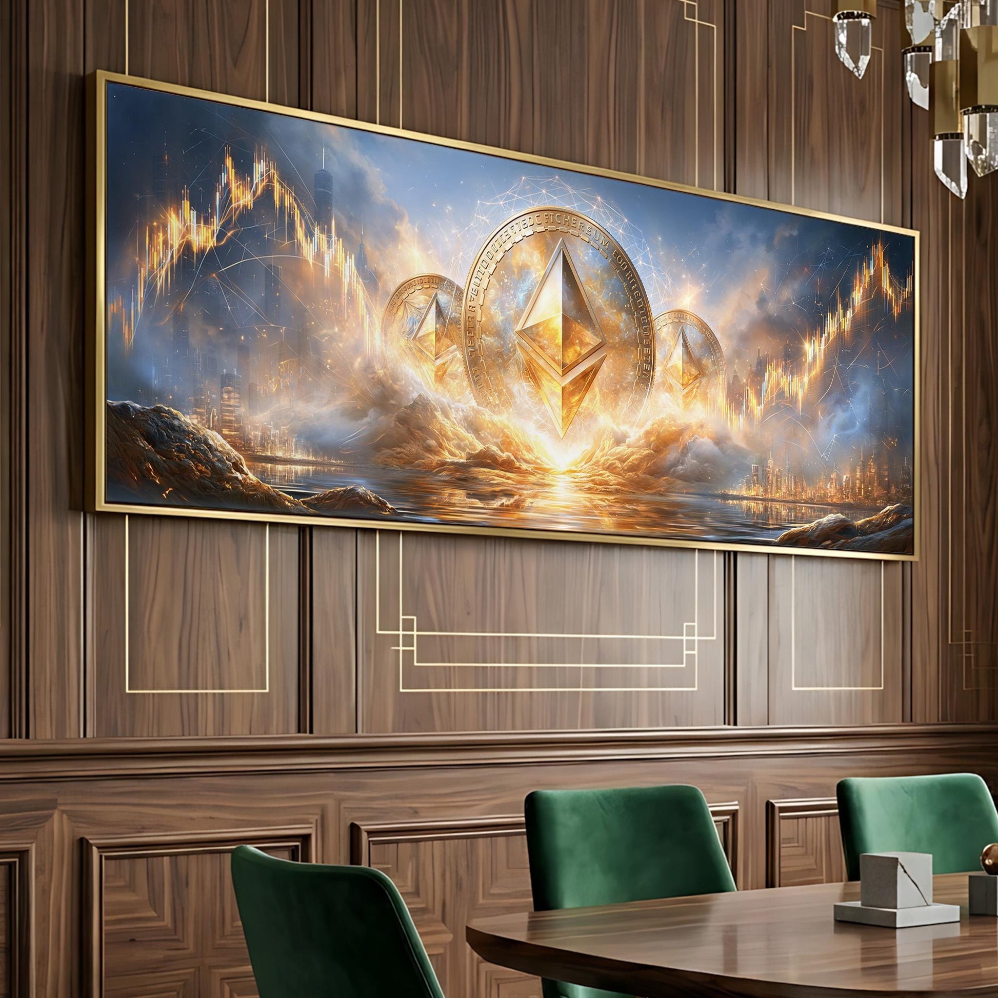 a large painting or artwork depicting a fantastical scene with a golden triangle-shaped object surrounded by a golden ring, set against a backdrop of a golden sunset and a city skyline.