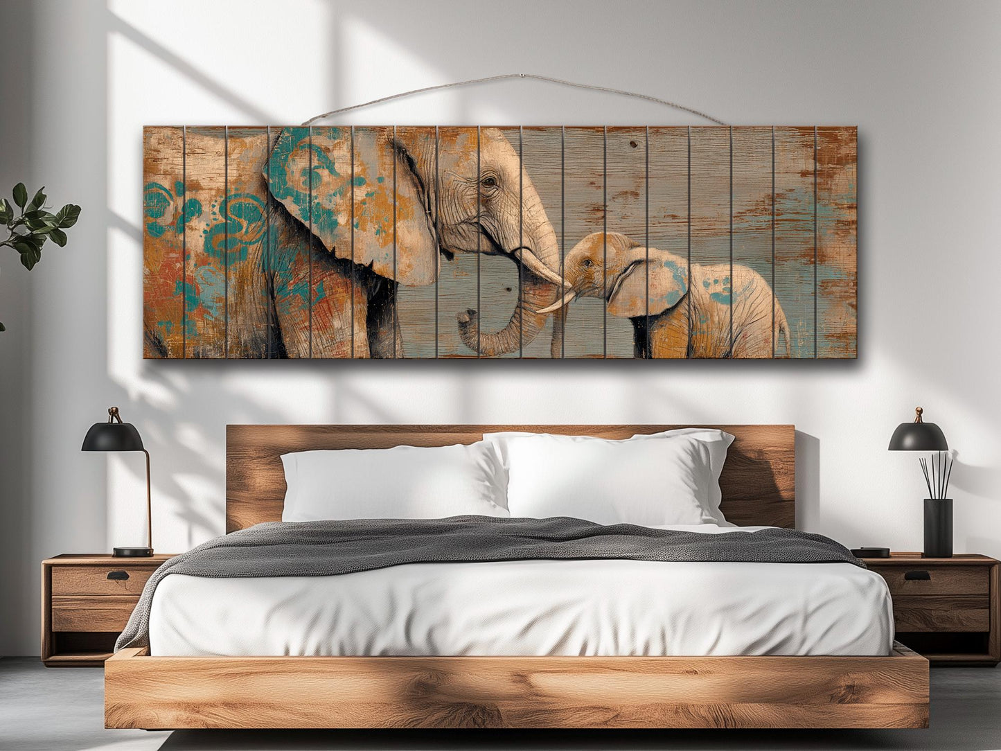 Loving Mother Elephant with Calf on Rustic Wooden Slats, Elephants Wall Art, Elephants Painting, Elephants Print on Wood, Wood Wall Art