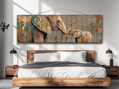 Loving Mother Elephant with Calf on Rustic Wooden Slats, Elephants Wall Art, Elephants Painting, Elephants Print on Wood, Wood Wall Art