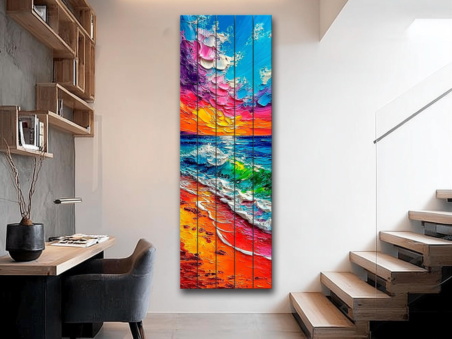 Vibrant Beach Scene Print on Wood, Colorful Coastal Painting, Summer Wall Art