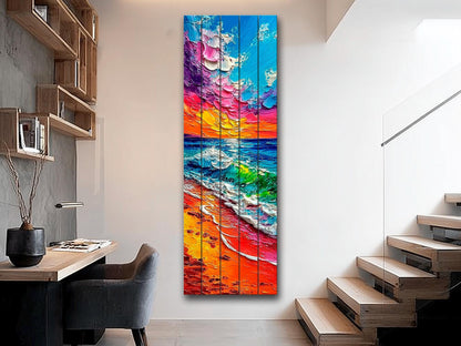 Vibrant Beach Scene Print on Wood, Colorful Coastal Painting, Summer Wall Art