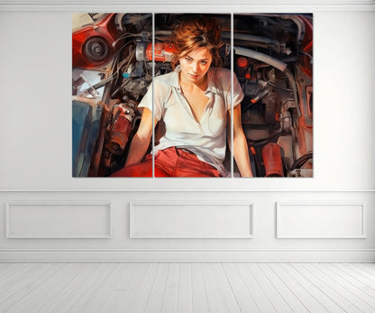 Mechanic Woman Canvas Print - Retro Mechanic Painting | Framed Gallery Wrapped Wall Art