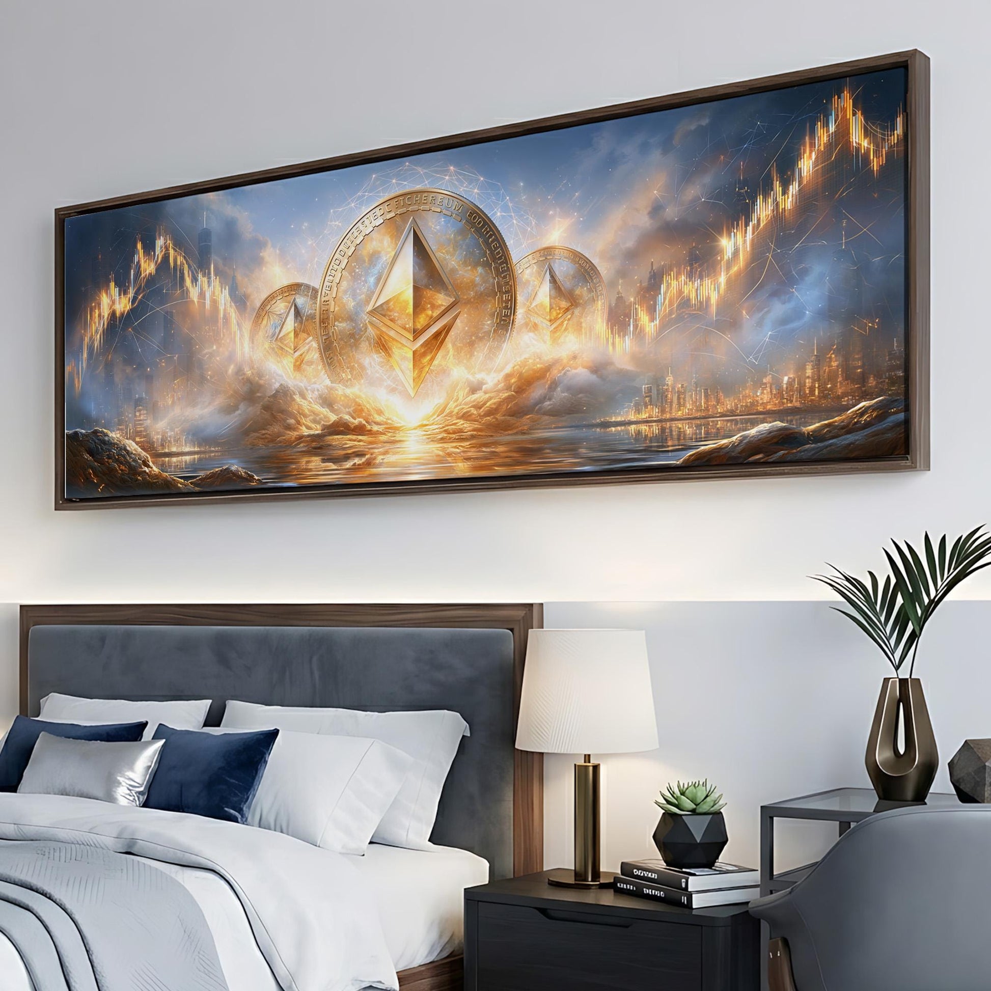 a large painting of a cityscape with a golden pyramid at its center, surrounded by a golden aura and a golden coin. The painting is displayed on a wall above a bed with white linens and a nightstand with a lamp.