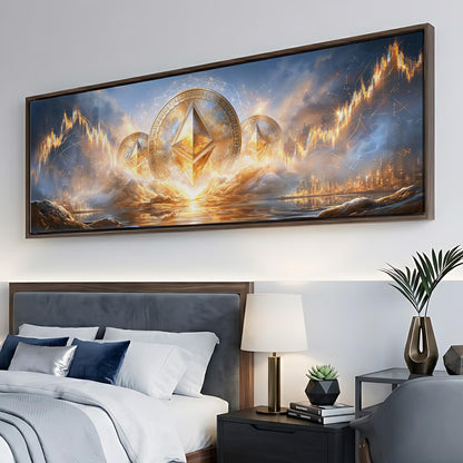 a large painting of a cityscape with a golden pyramid at its center, surrounded by a golden aura and a golden coin. The painting is displayed on a wall above a bed with white linens and a nightstand with a lamp.