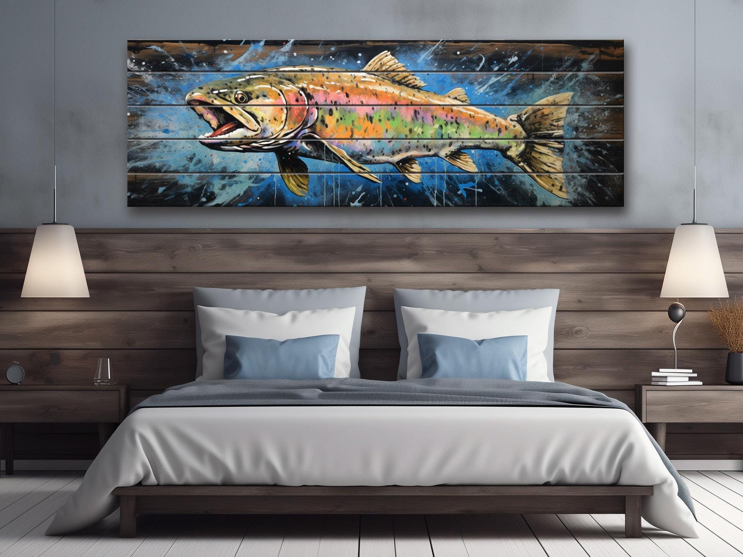 Rainbow Trout Wall Art - Rustic Wood Plank Painting | Fishing Lodge Decor