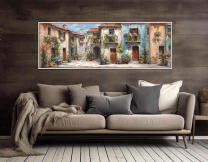 Italian Town Street Canvas – Framed Cotton Print With Flower Balconies Art & Floating Frame