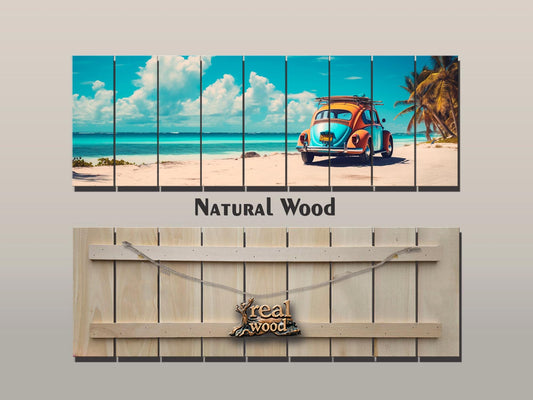 Wood Wall Art – Cancun Landscape Art | Retro Taxi Poster on Natural Wood Print