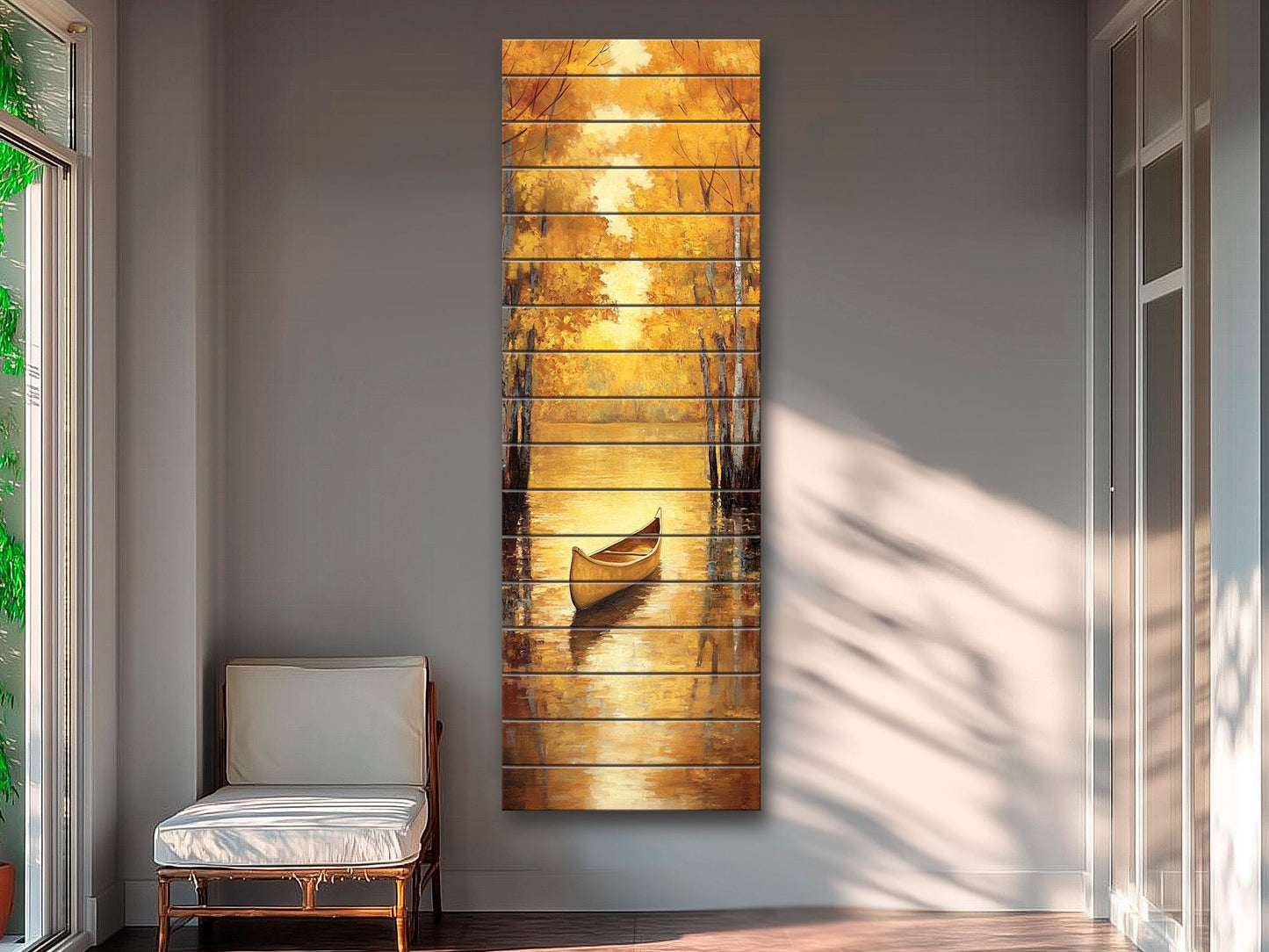 Canoe Painting Printed on Natural Wood – Golden Autumn Lake Scene – Rustic Cabin Wall Decor, Wood Wall Art