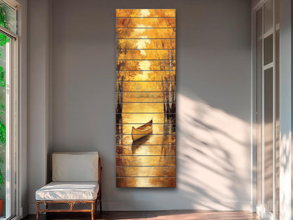Canoe Painting Printed on Natural Wood – Golden Autumn Lake Scene – Rustic Cabin Wall Decor, Wood Wall Art