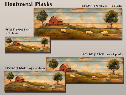 Rustic Wooden Wall Art - Sheep Grazing Print on Natural Wood for Cozy Cabin Decor