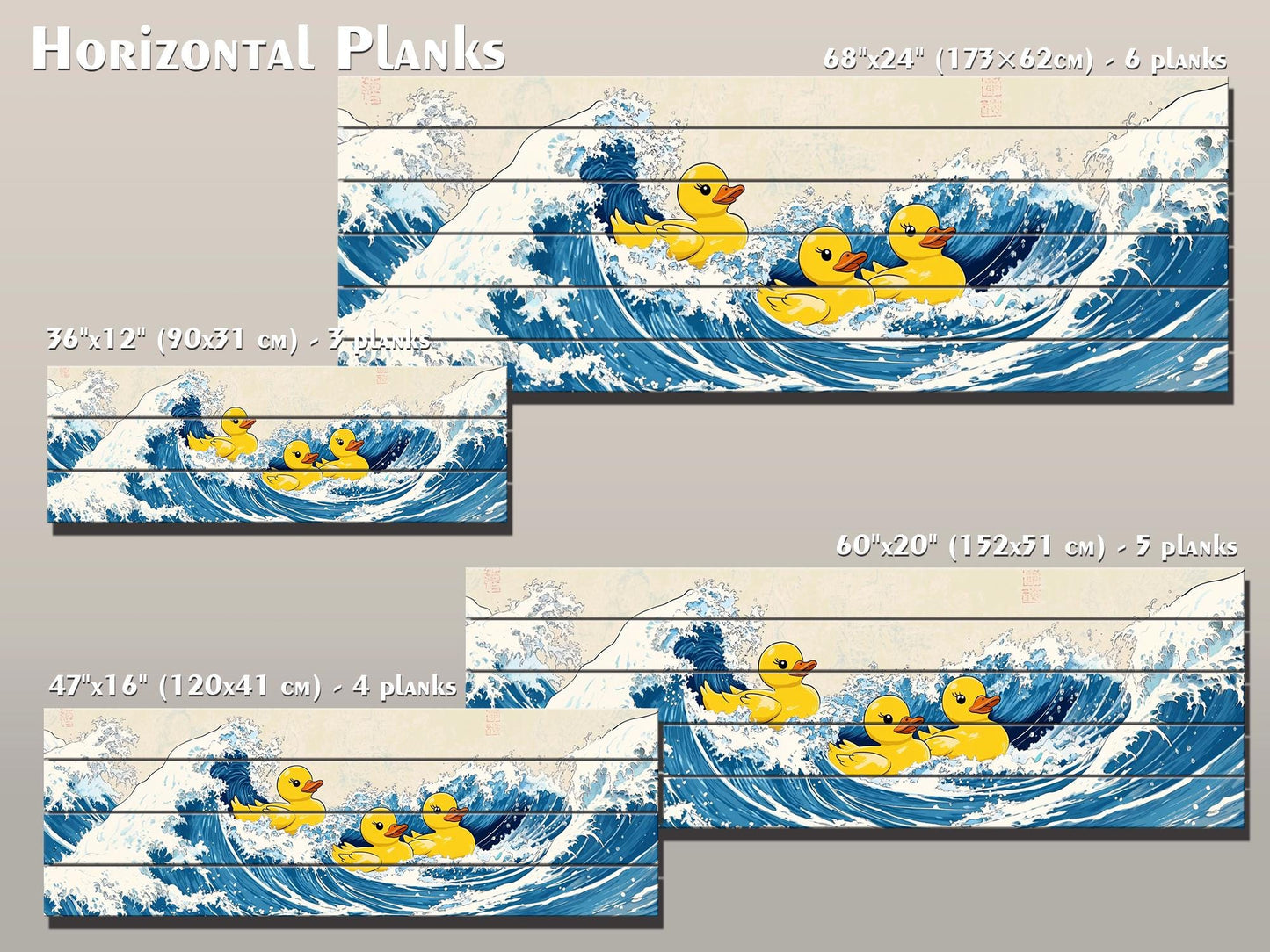 Rubber Ducks on The Great Wave off Kanagawa Print on Natural Wood – Fun Wall Art
