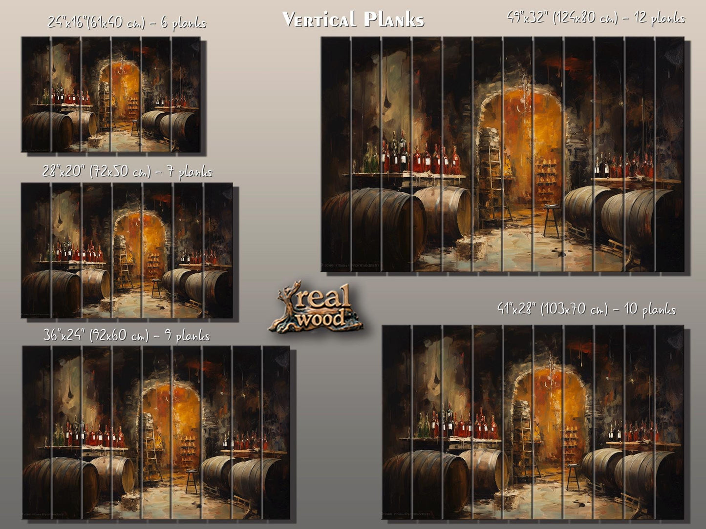 Wood Wall Art - Rustic Wine Cellar Painting on Natural Wood Plank Art