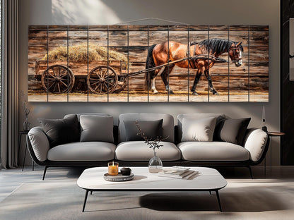 Rustic Wood Wall Art – Horse Wooden Cart with Hay | Farmhouse Wall Decor