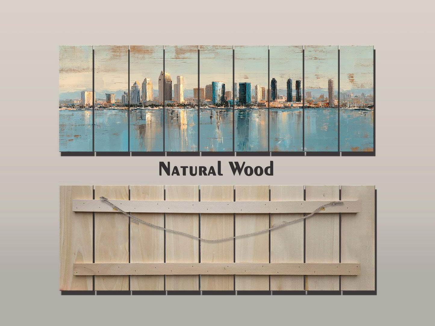 San Diego Skyline Wood Print – Rustic Wood Art | Beige Blue Wall Art, Harbor Oil Painting