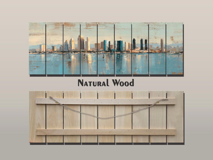San Diego Skyline Wood Print – Rustic Wood Art | Beige Blue Wall Art, Harbor Oil Painting