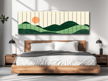 Minimalist Landscape Print on Wood, Boho Hills and Sun Wall Art