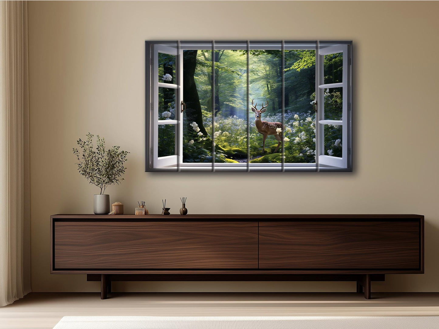 Wood Wall Art - Open Window Artwork Featuring Deer | Natural Wood Grain Decor