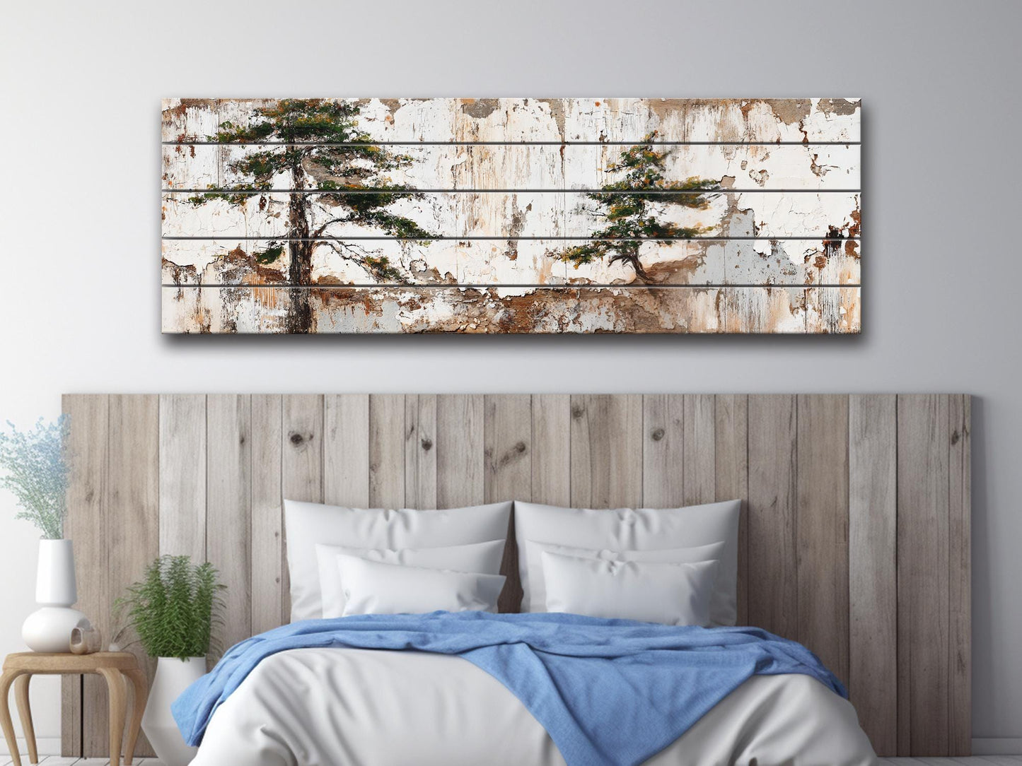 Wabi Sabi Wood Art – Rustic Wall Art with Pine Trees on Textured Wood Panel