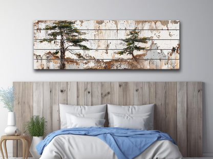 Wabi Sabi Wood Art – Rustic Wall Art with Pine Trees on Textured Wood Panel