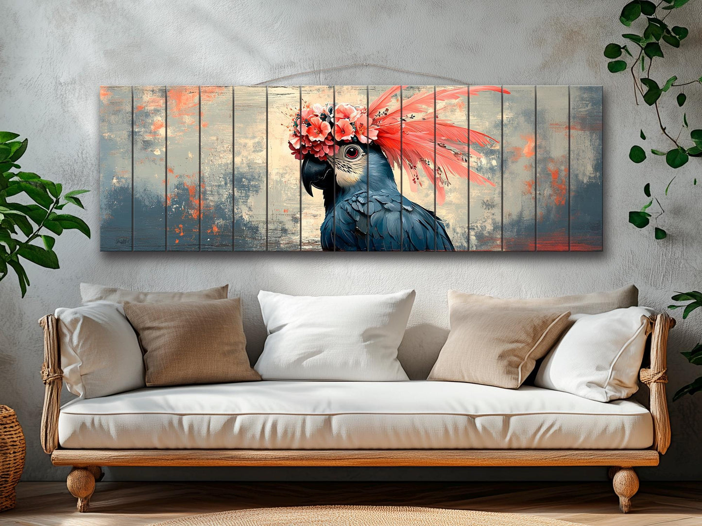 Wooden Wall Art - Abstract Parrot Painting on Natural Wood Planks | Rustic Tropical Bird Decor