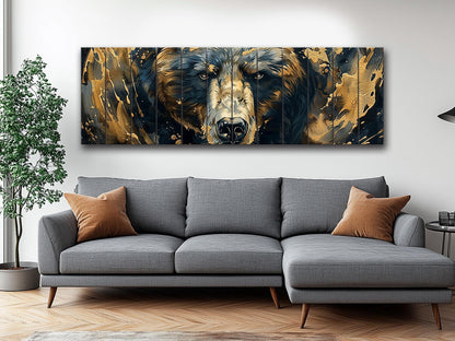 Black Gold Wood Art – Natural Wood Print with Abstract Black and Gold Bears