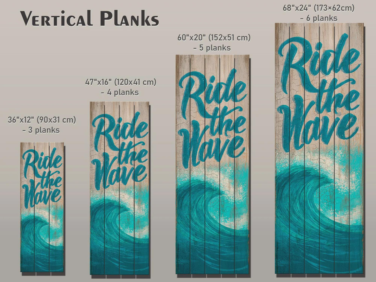 Coastal Wood Wall Art – Ride The Wave Print On Natural Wood Planks – Surfing Wall Decor