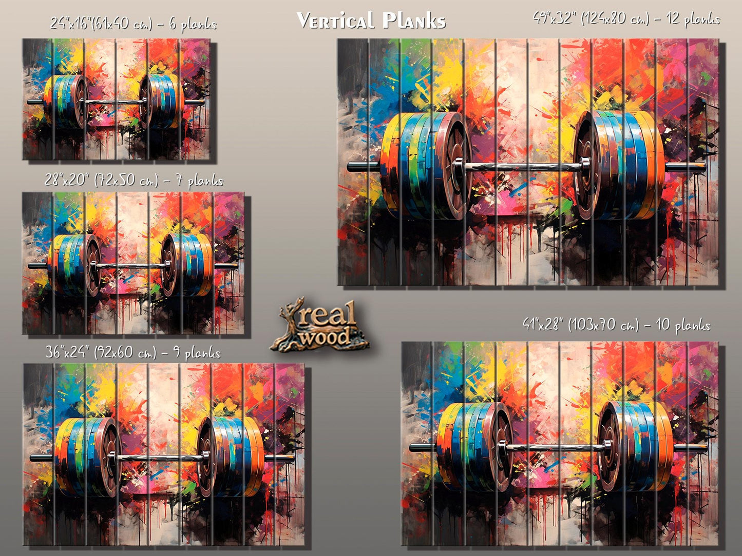 Barbell Wall Art – Abstract Wood Plank Painting | Gym Wall Decor, Motivational Gym Poster