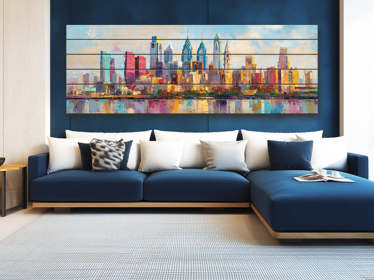 Philadelphia Skyline with Liberty Bell Wood Print – Rustic Wall Art, Bright City Painting on Distressed Wood, Farmhouse Wall Decor