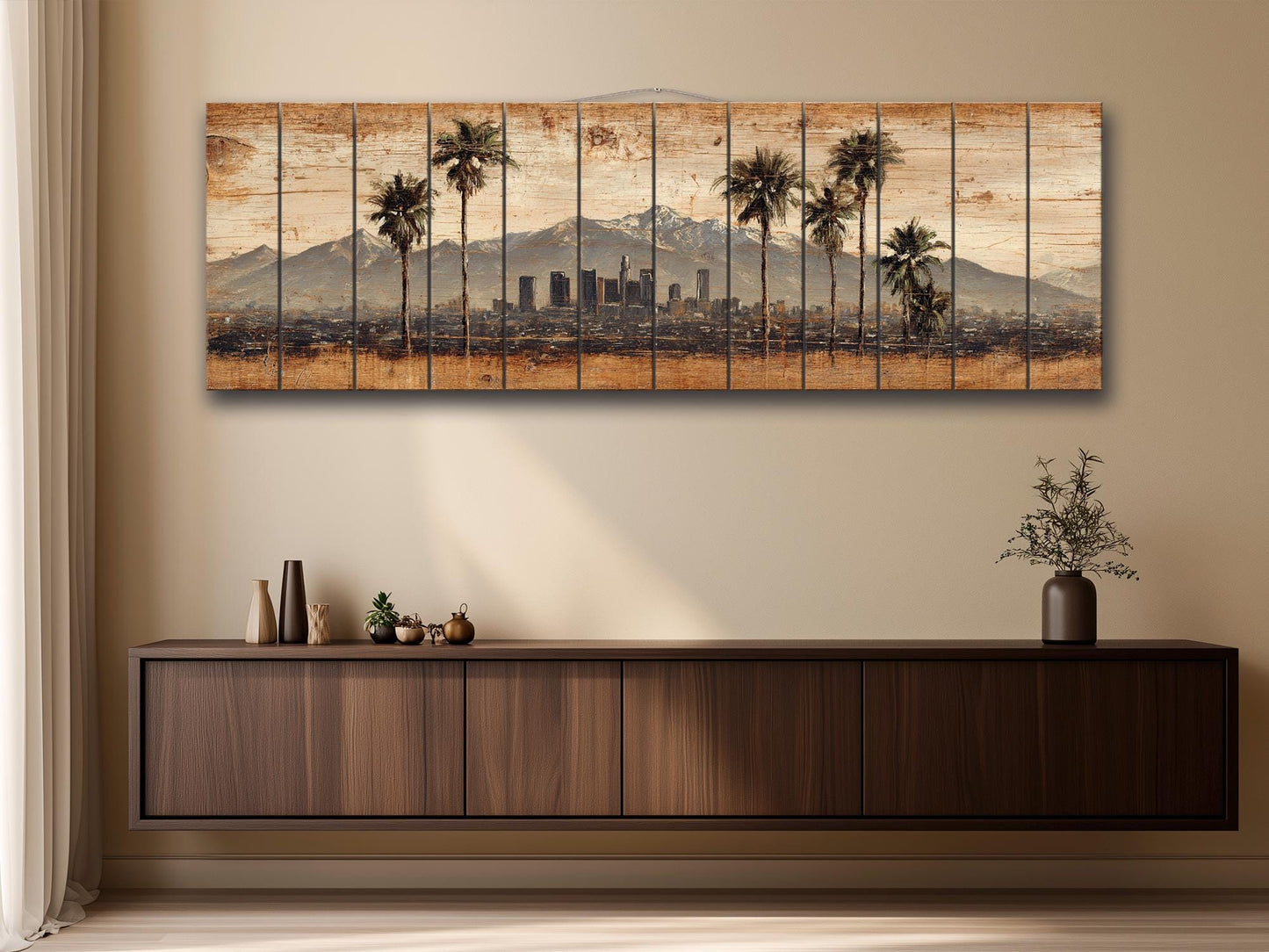 Los Angeles Wood Art - Rustic Wood Print With Palm Trees & Mountains | Farmhouse Wall Decor