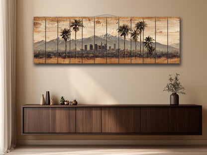 Los Angeles Wood Art - Rustic Wood Print With Palm Trees & Mountains | Farmhouse Wall Decor