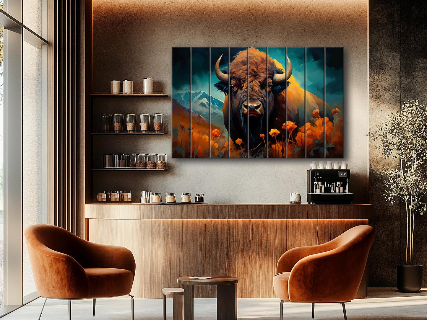 Rustic Wood Wall Art – Bison Abstract Painting on Natural Wood Planks