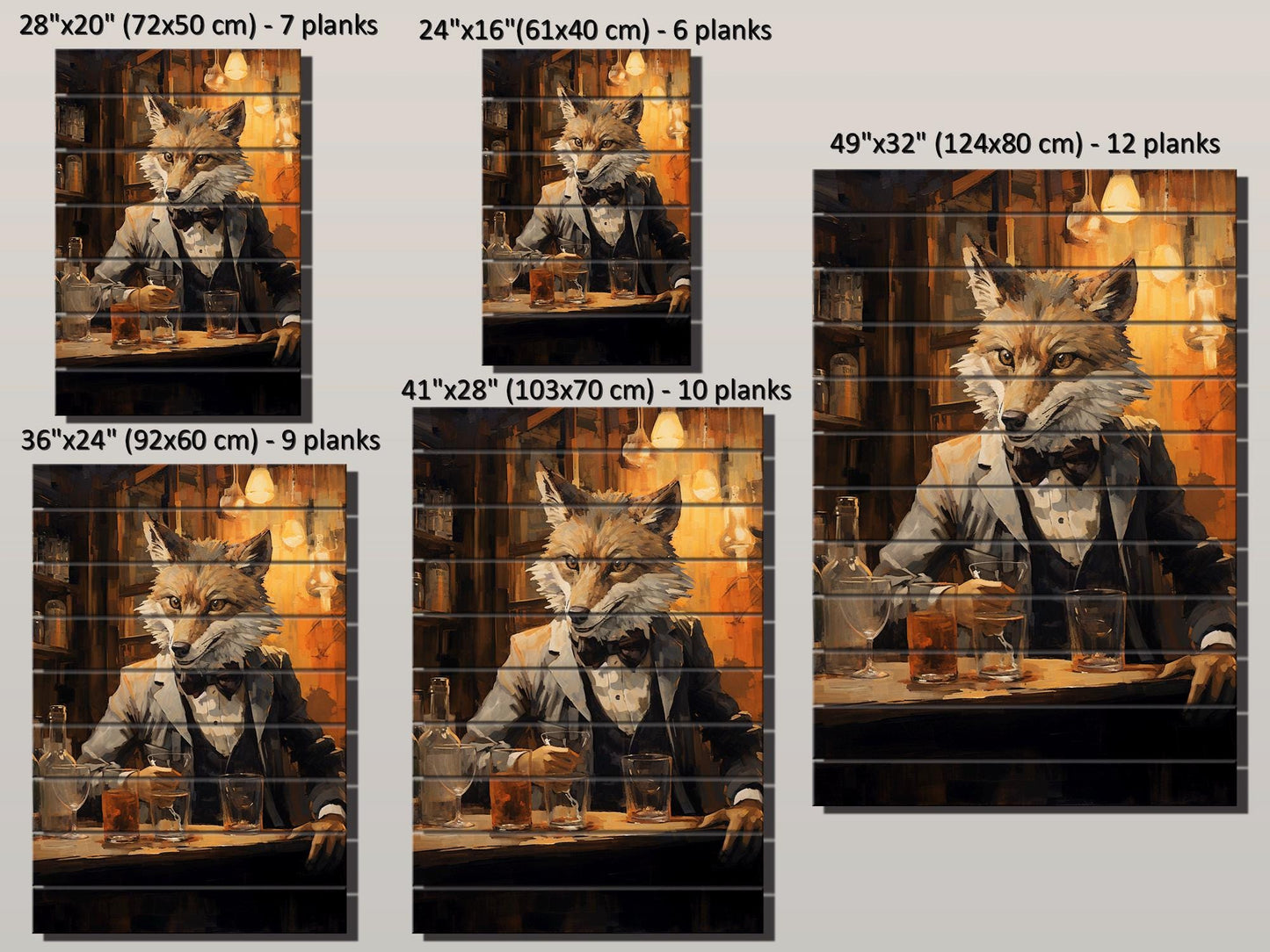 Fox Bartender Print on Natural Wood – Bar  Wall Art