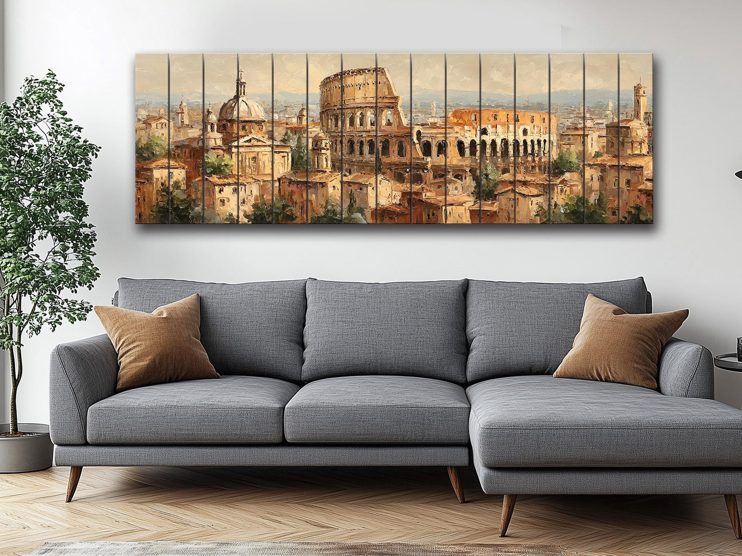 Rome Skyline Wood Print – Rustic Wood Art | Colosseum Painting Beige Wall Decor