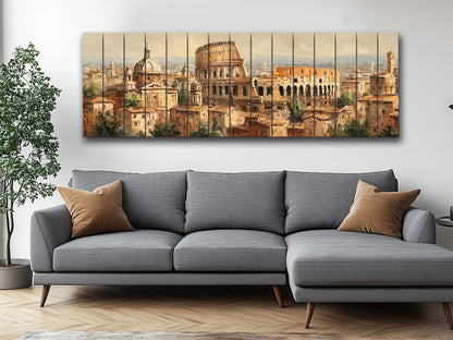 Rome Skyline Wood Print – Rustic Wood Art | Colosseum Painting Beige Wall Decor