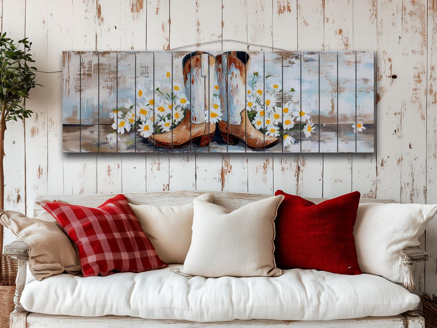 Cowboy Boots Wall Art - Handcrafted Wood Print | Rustic Western Decor with Daisies