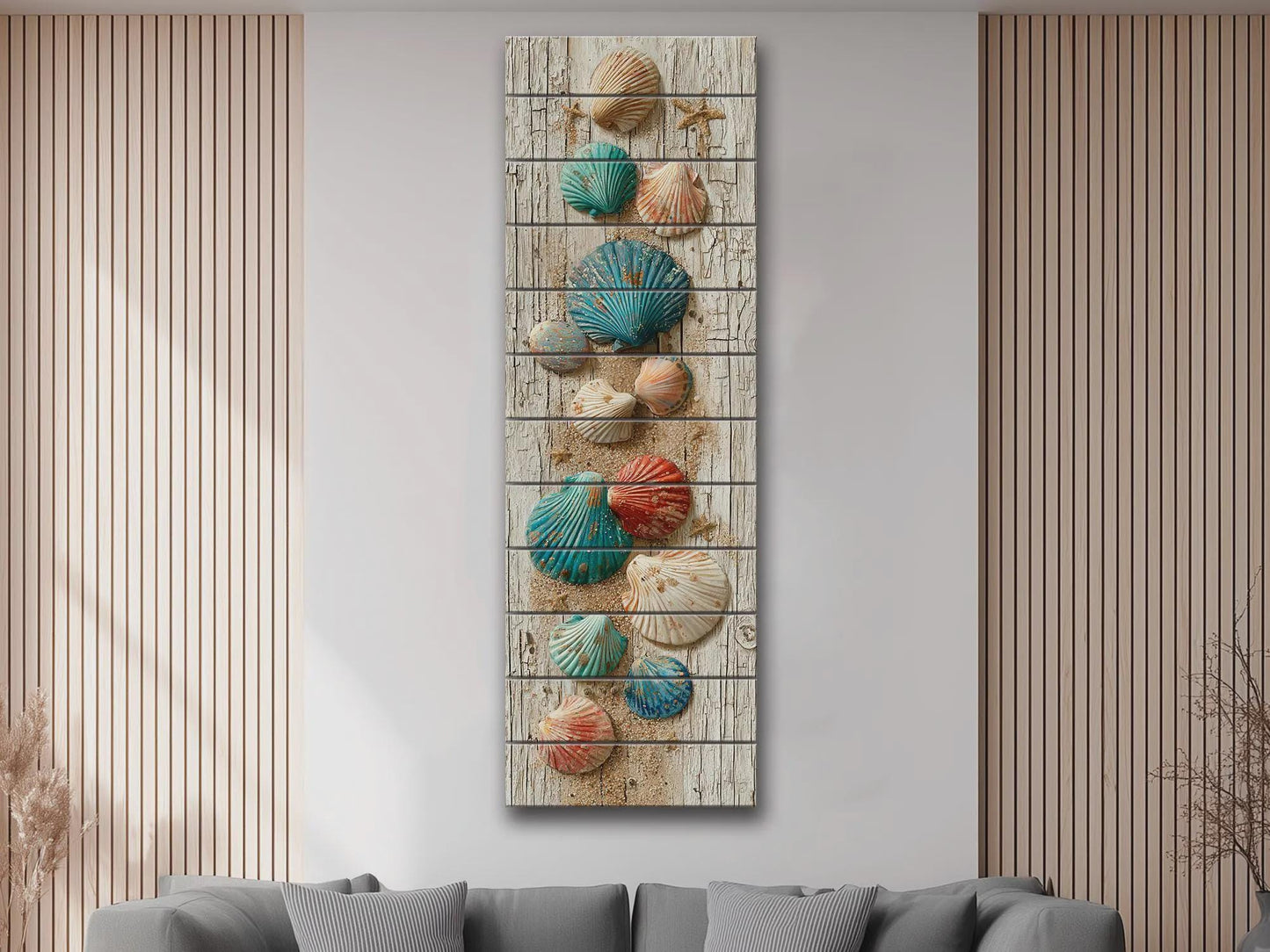 Rustic Wood Wall Art – Coastal Seashell Print on Natural Wood Planks