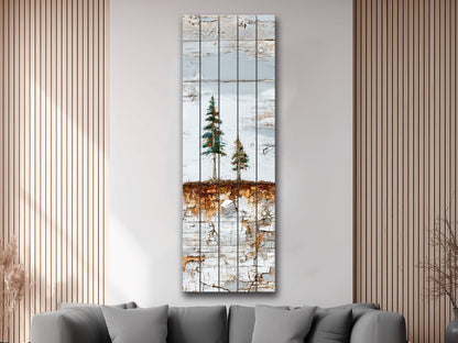 Wabi Sabi Wall Art – Rustic Wood Decor with Pine Tree Painting on Natural Wood Grain