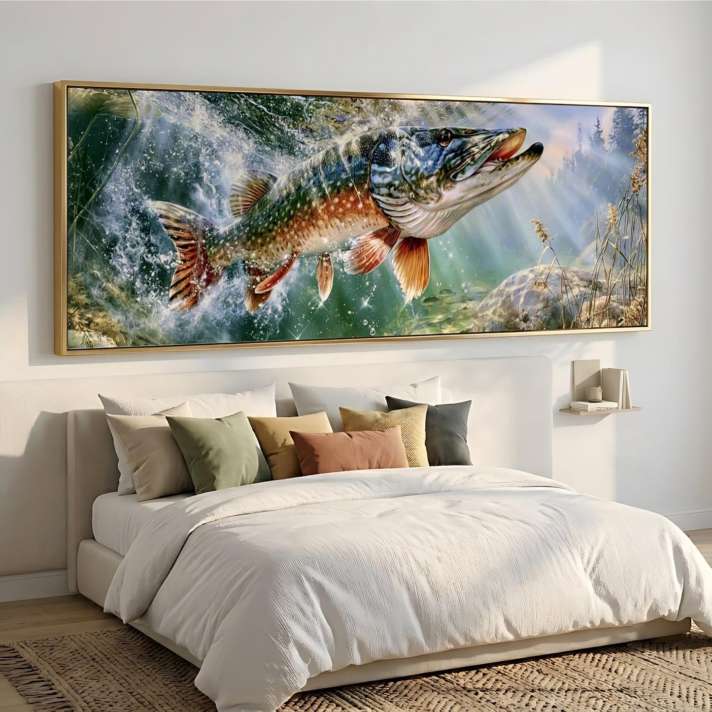 a large, colorful painting of a fish swimming in a body of water, hanging on a wall above a bed with white bedding.